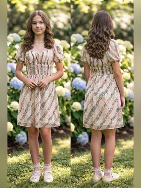 Selfie brand Cream coquette style Dress with Pink Floral and Green Vine Print